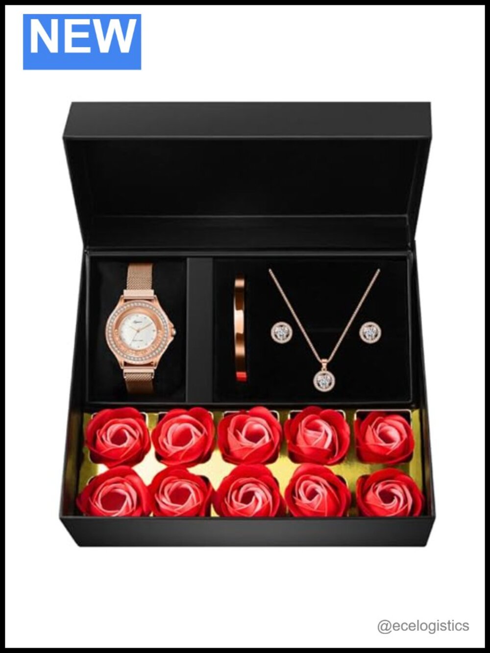 Rose Gold Jewelry Set 4 Piece Watch Necklace Earring Bracelet Gift Box